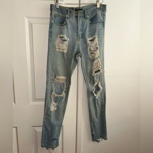 Distressed low rise straight leg jeans